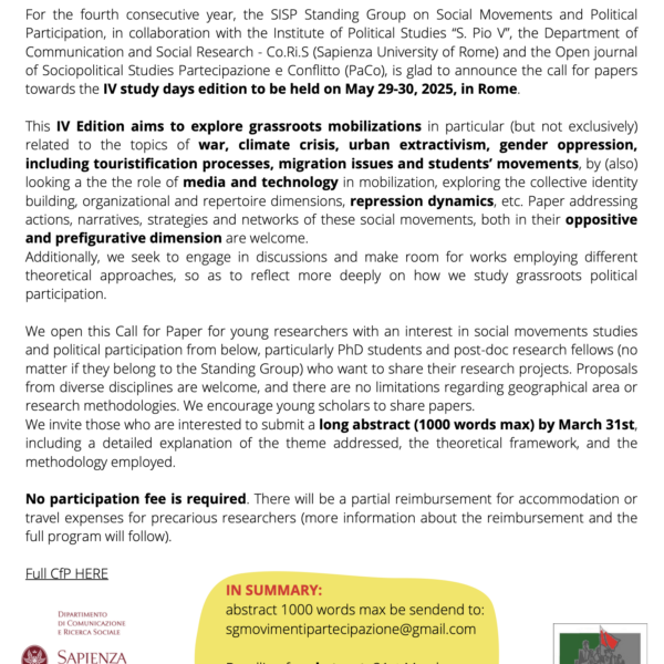 Call for papers: Study Days on Social Movements and Political Participation – IV edizione