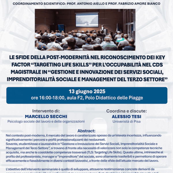 Seminario: “Le sfide della post-modernità nel riconoscimento dei key factor “targeting life skills” per l’occupabilità nel Cds magistrale in Gestione e innovazione dei servizi sociali, imprenditorialità sociale e management del terzo settore”