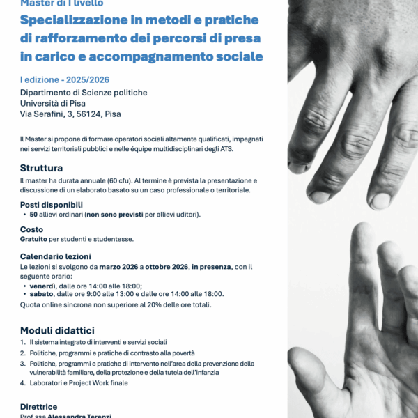 Aperte le iscrizioni al nuovo Master di I livello in Specializzazione in metodi e pratiche di rafforzamento dei percorsi di presa in carico e accompagnamento sociale