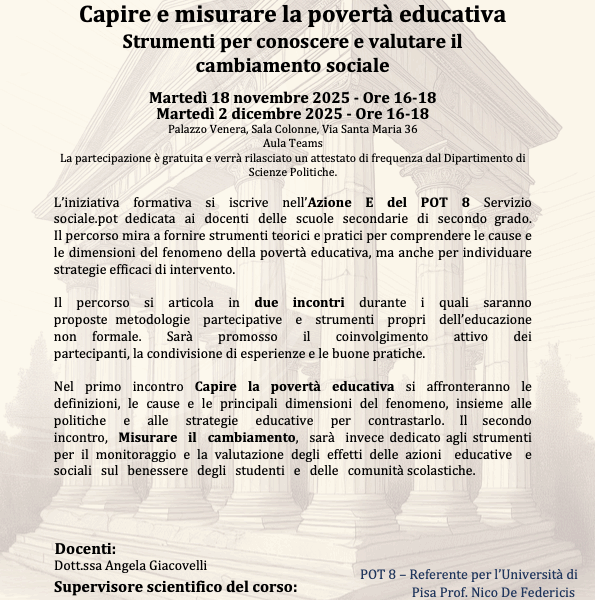 Corso POT 8 Servizio sociale.pot: “Capire e misurare la povertà educativa. Strumenti per conoscere e valutare il cambiamento sociale”