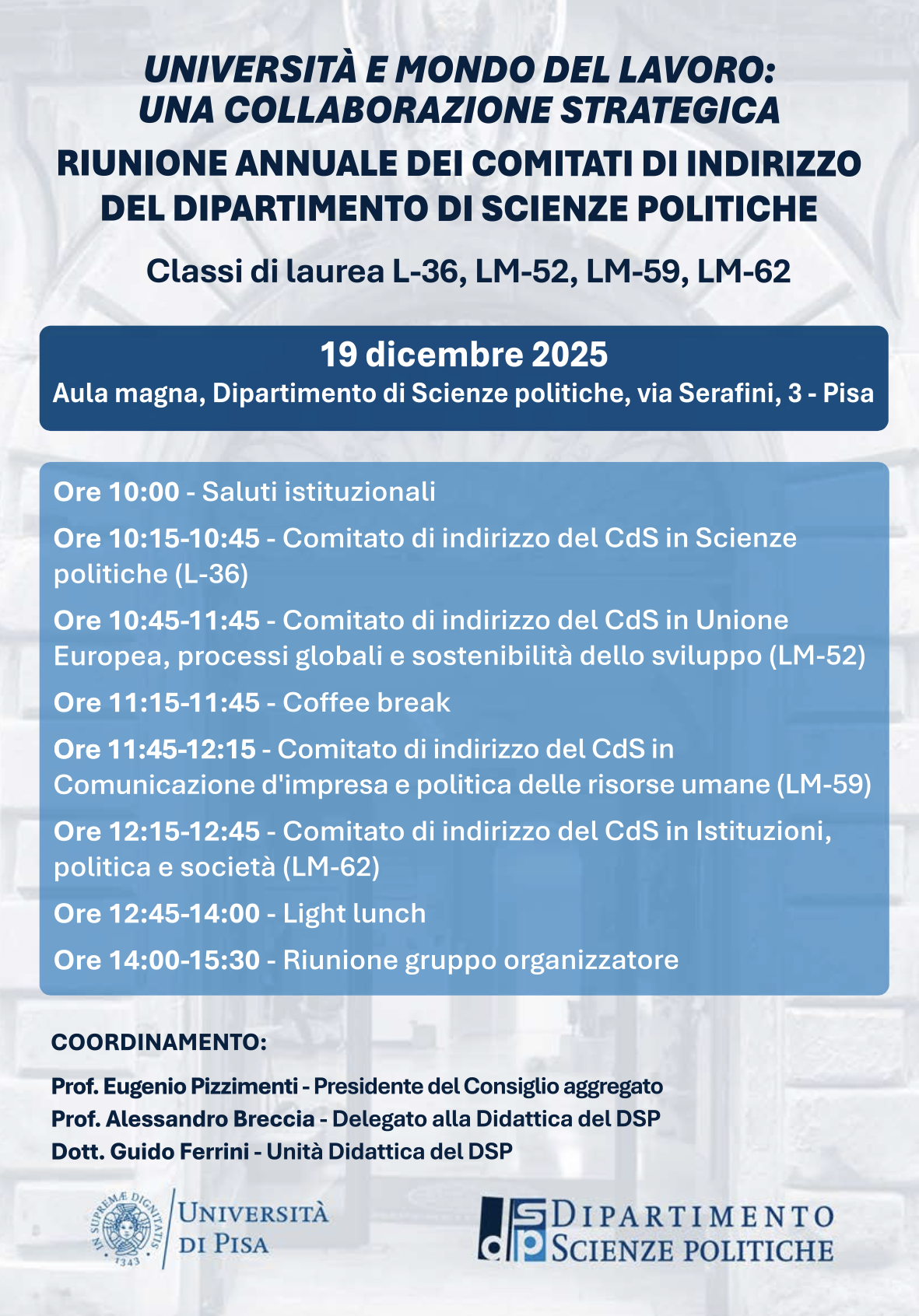 Università e mondo del lavoro: Riunione annuale dei Comitati di Indirizzo del DSP (L-36, LM-52, LM-59, LM-62)